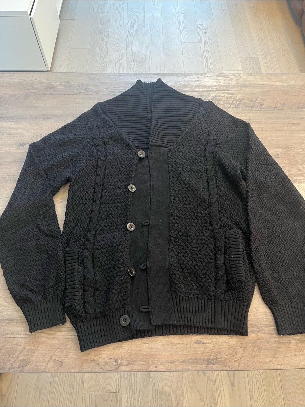 Men's Black Shawl Collar Cable Cardigan Sweater